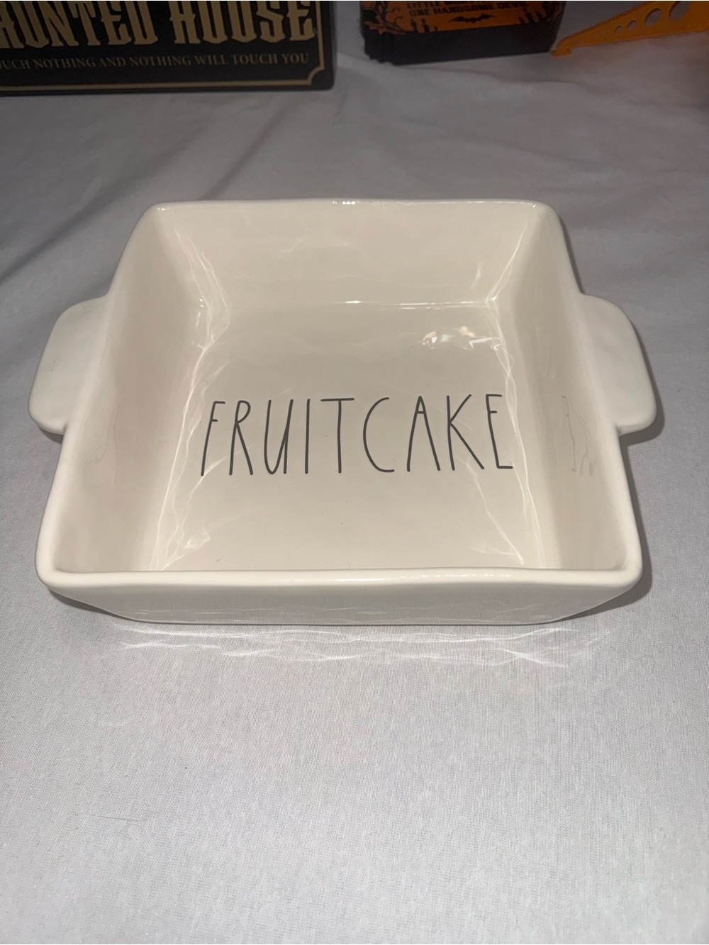 Rae Dunn FRUITCAKE Baking Dish Square Ceramic 10” Artisan Collection Magenta
